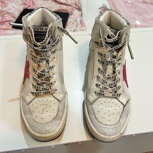 White and Pink High-Top Sneakers